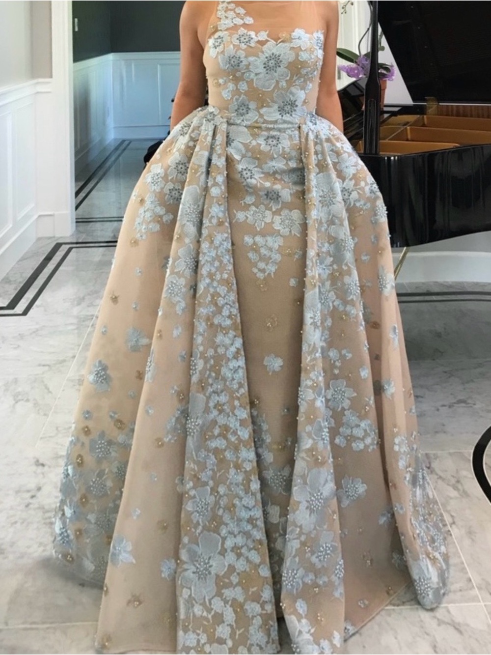 Sherri Hill burlap and Pale Blue One-Shoulder Floral Appliqué Prom Gown - Picture 3 of 3